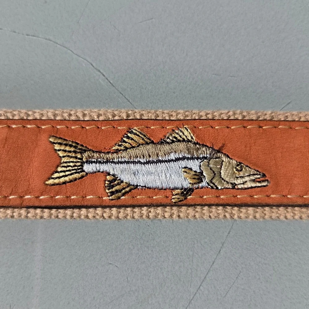 ZEP-PRO Mens Fishing Belt Tan Leather Canvas Snook Embroidered Solid Brass 42 44
